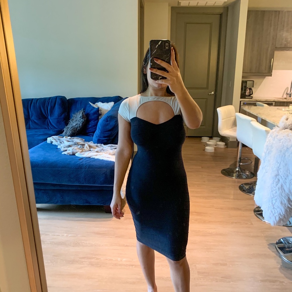 Black with Gray Mock Neck Bodycon MIDI Dress